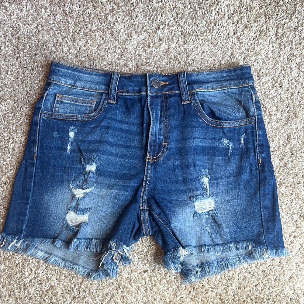 Blue Distressed Jean Shorts with Frayed Hem